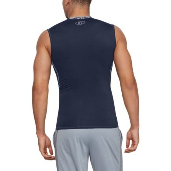 Men's UA HeatGear Armour Sleeveless Compression Shirt - Midnight Navy (410) - Picture 4 of 6